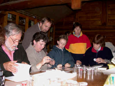 Some of the moth trapping team at work in the log cabin classroom.